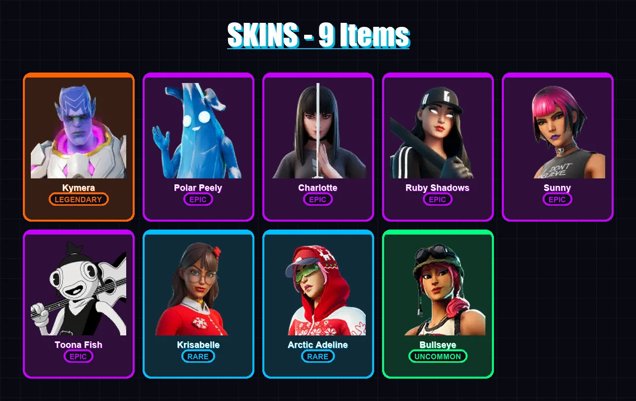 [PC/XBOX] | Kymera | Polar Peely | Charlotte | Ruby Shadows | Sunny | 9 skin | 13 pickaxe | 14 emote | 24 glider | Lv304