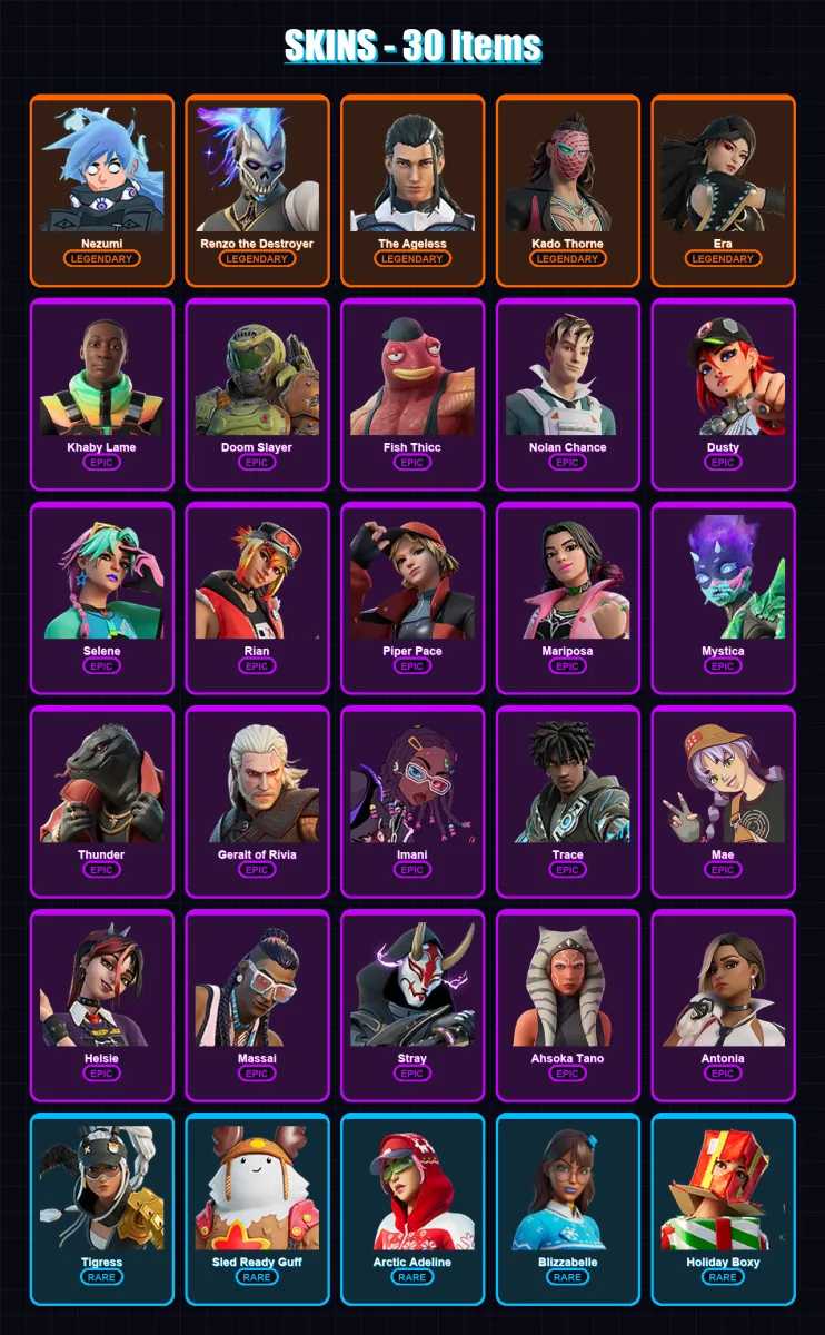 [PC/XBOX/PSN] | Nezumi | Renzo the Destroyer | The Ageless | Kado Thorne | Era | 30 skin | 39 pickaxe | 32 emote | 41 glider | Lv493