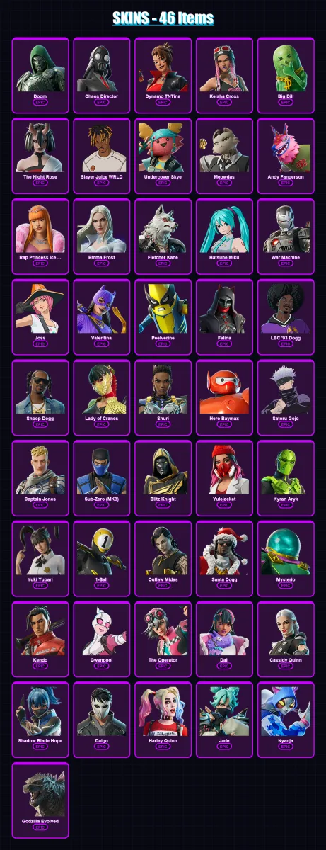 [PC/PSN] | Doom | Chaos Director | Dynamo TNTina | Keisha Cross | Big Dill | 46 skin | 82 pickaxe | 76 emote | 50 glider | Lv753
