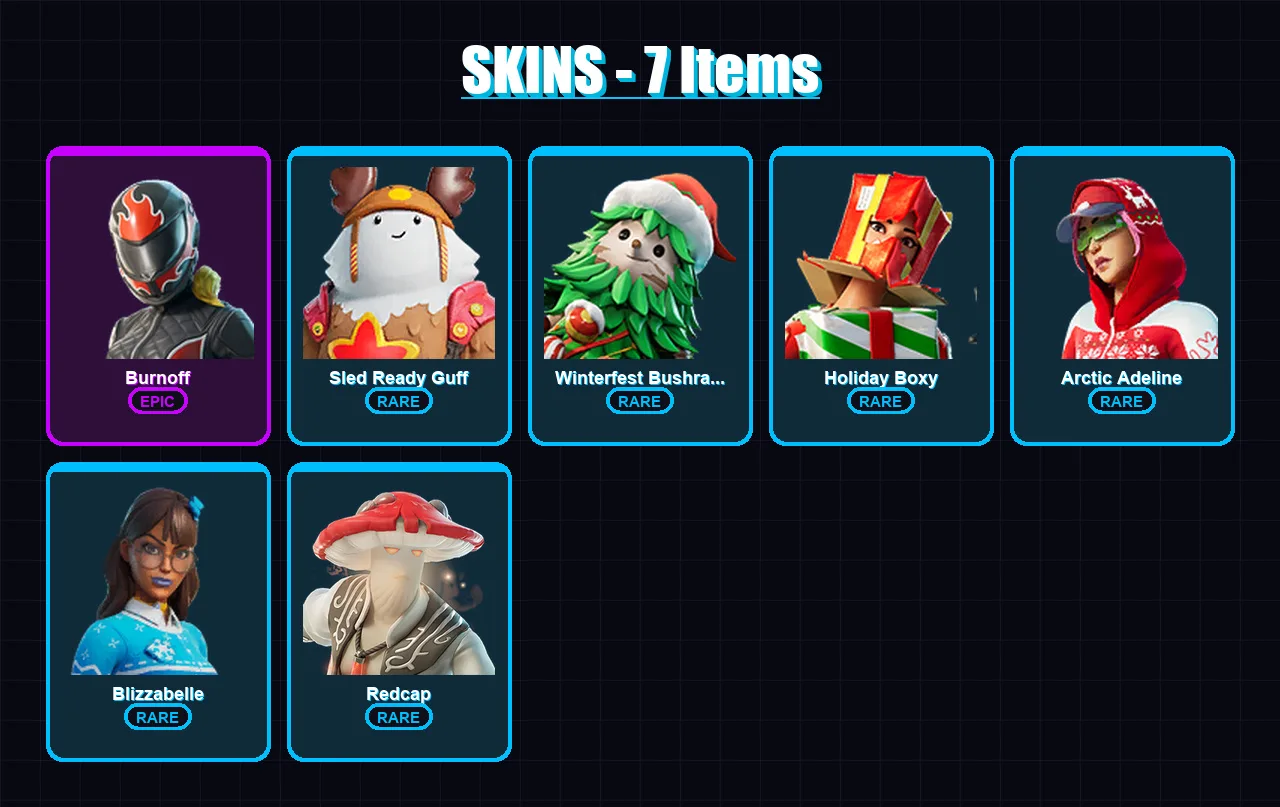 [PC/PSN] | Burnoff | Sled Ready Guff | Winterfest Bushranger | Holiday Boxy | Arctic Adeline | 7 skin | 18 pickaxe | 12 emote | 18 glider | Lv231
