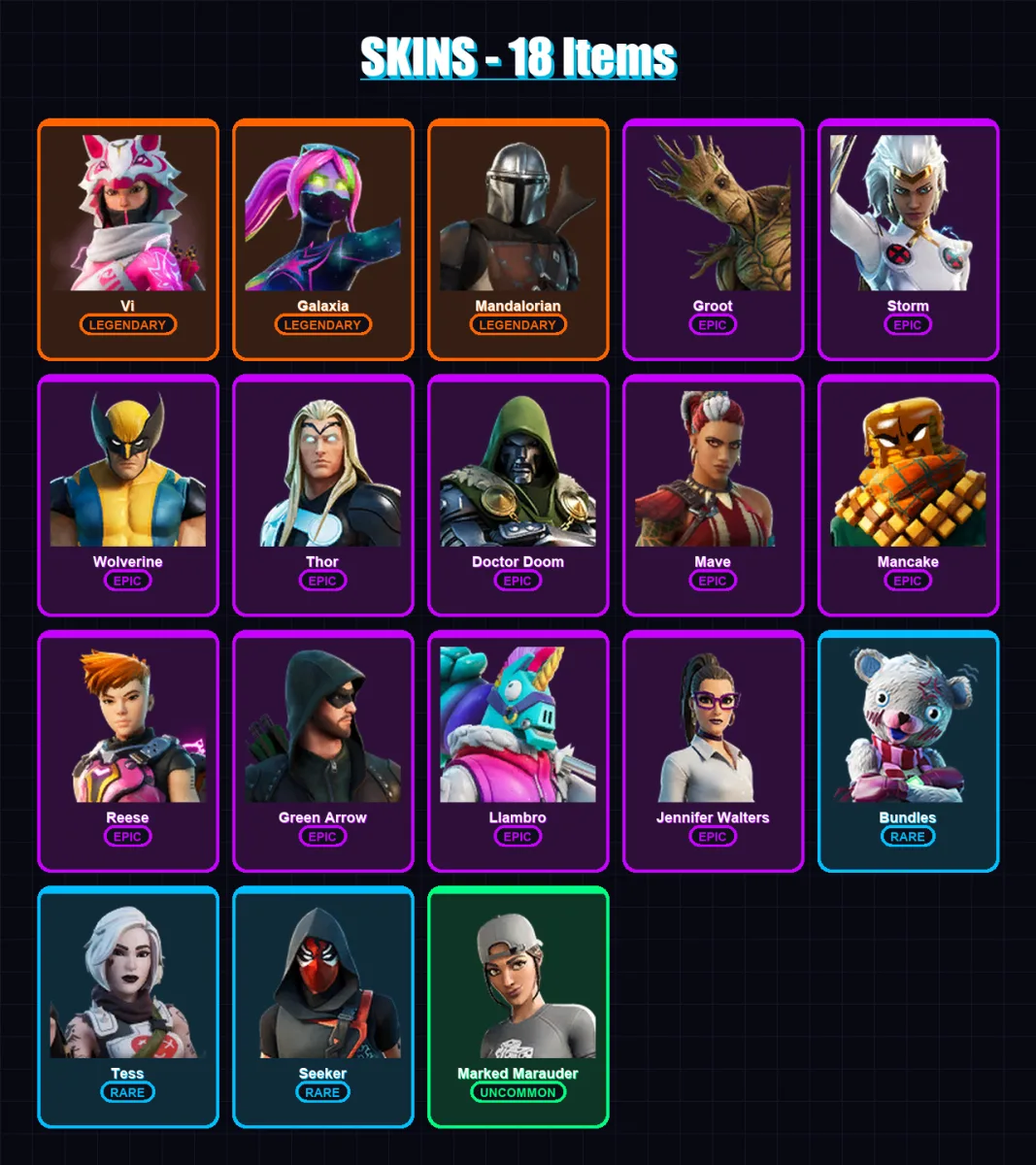 [PC/XBOX/PSN] | Vi | Galaxia | Mandalorian | Groot | Storm | 18 skin | 16 pickaxe | 14 emote | 16 glider | Lv137