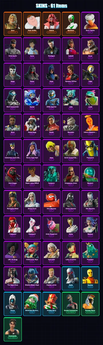 [PC/XBOX/PSN] | Zeus | Peter Griffin | Valeria | Backlash | Durrr Taisho | 61 skin | 108 pickaxe | 55 emote | 76 glider | Lv1271