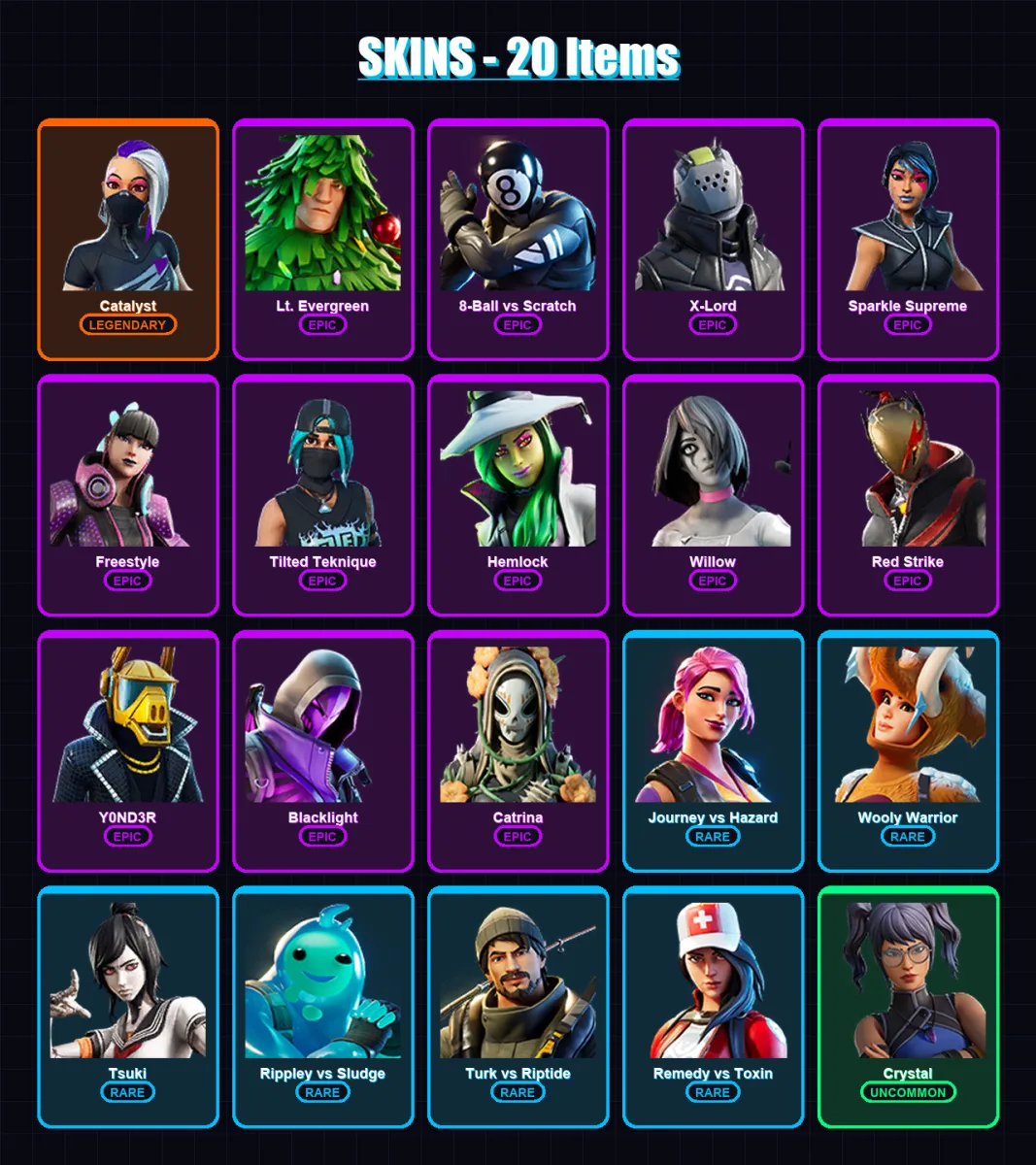 [PC/PSN] | Catalyst | Lt. Evergreen | 8-Ball vs Scratch | X-Lord | Sparkle Supreme | 20 skin | 16 pickaxe | 35 emote | 17 glider | Lv235 — Fortnite account
