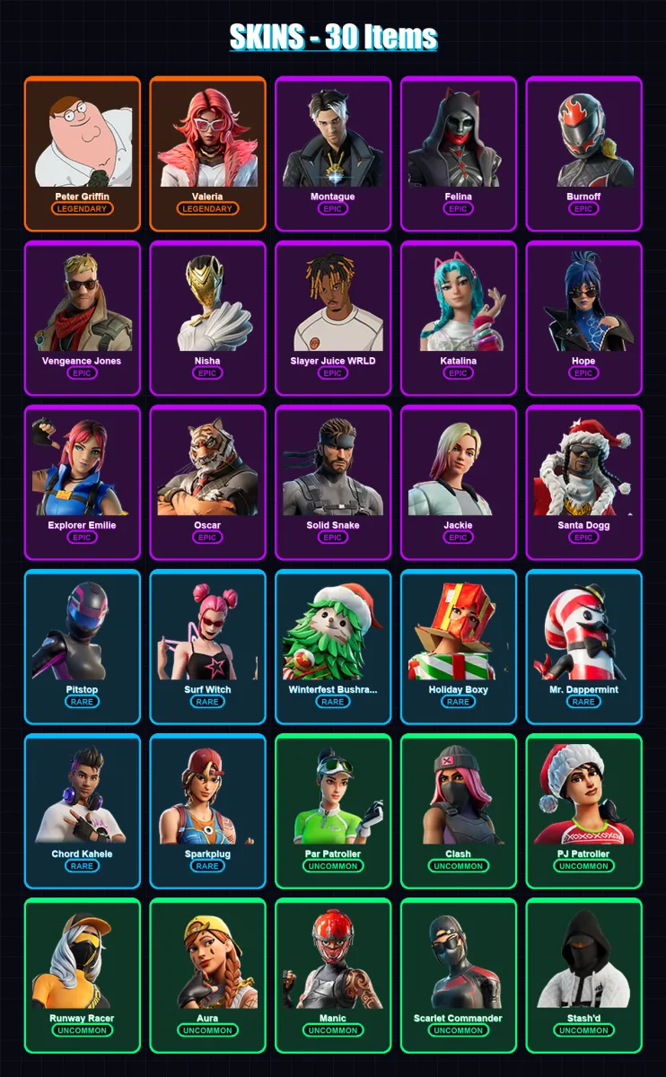 [PC/XBOX/PSN] | Peter Griffin | Valeria | Montague | Felina | Burnoff | 30 skin | 46 pickaxe | 28 emote | 29 glider | Lv607 — Fortnite account