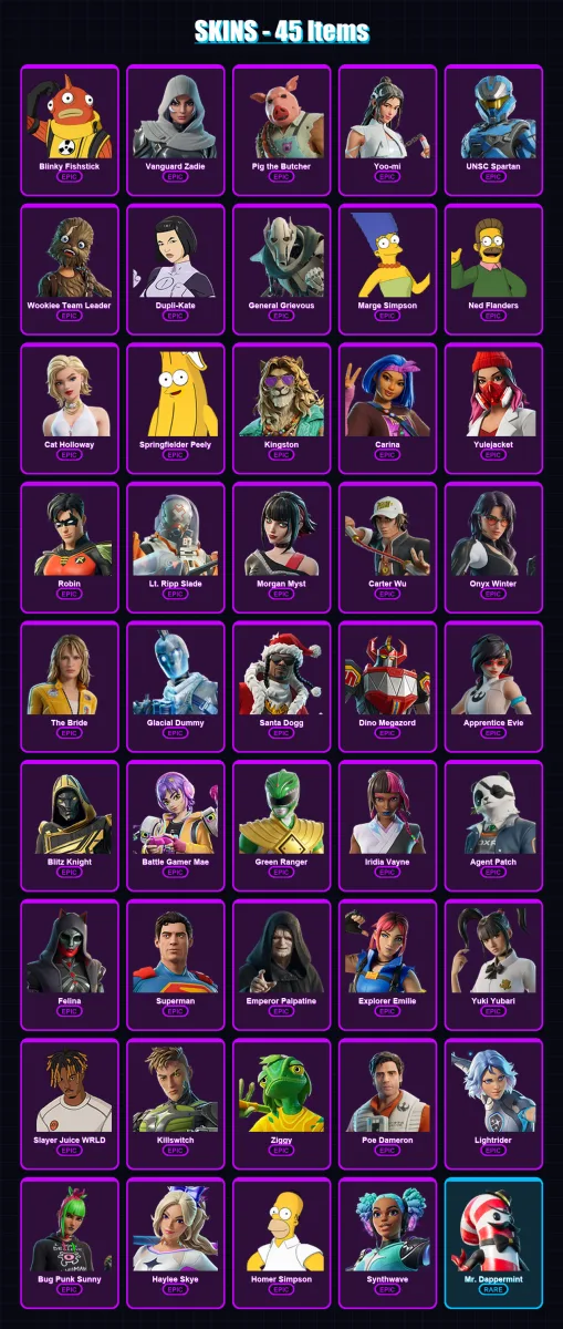 [PS4/PS5/PC] | Blinky Fishstick | Vanguard Zadie | Pig the Butcher | Yoo-mi | UNSC Spartan | 45 skin | 101 pickaxe | 56 emote | 59 glider | Lv1130 — Fortnite account