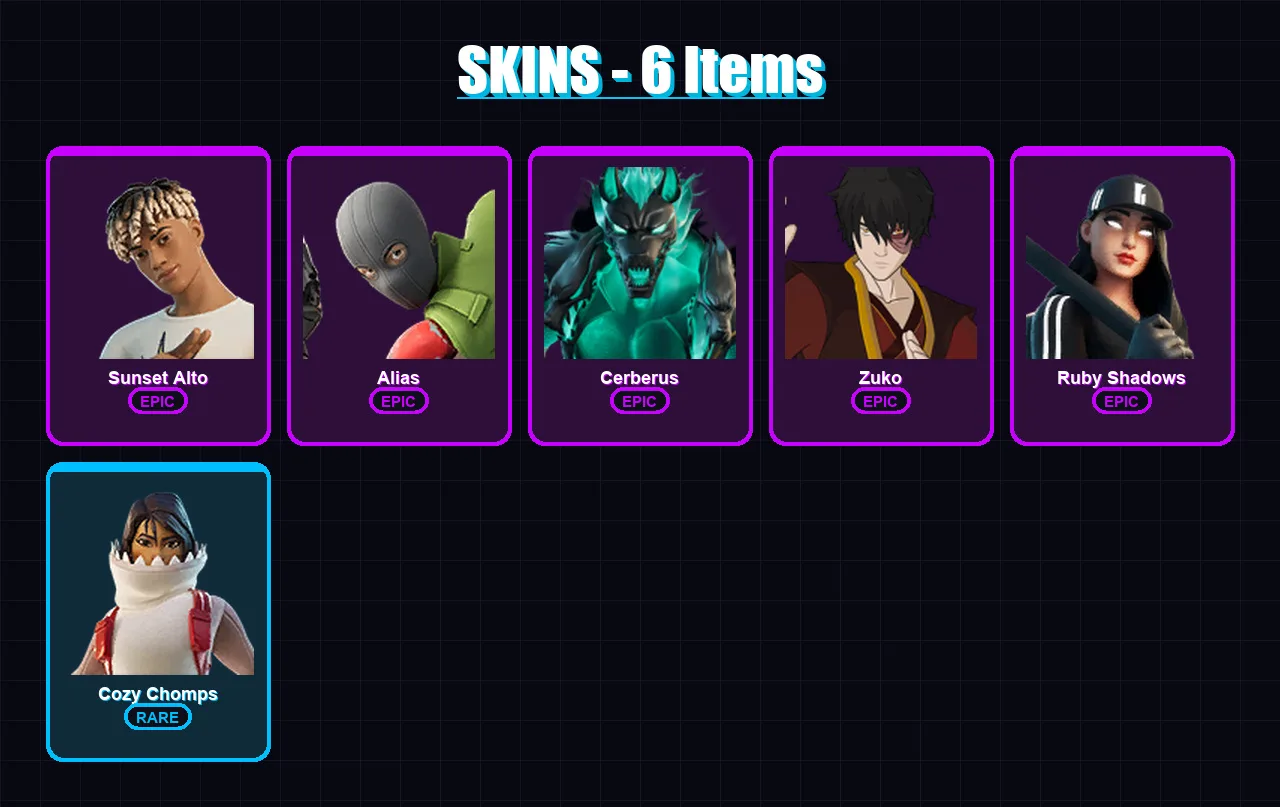 [PC/XBOX/PSN] | Sunset Alto | Alias | Cerberus | Zuko | Ruby Shadows | 6 skin | 5 pickaxe | 7 emote | 5 glider | Lv45