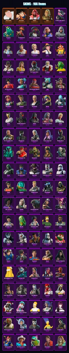 [PC] | Peter Griffin | Son Goku | Valeria | Zeus | Cuddle Team Specialist | 166 skin | 209 pickaxe | 143 emote | 126 glider | Lv1932
