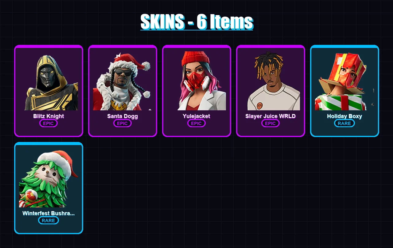 [PC/XBOX/PSN] | Blitz Knight | Santa Dogg | Yulejacket | Slayer Juice WRLD | Holiday Boxy | 6 skin | 17 pickaxe | 4 emote | 11 glider | Lv110