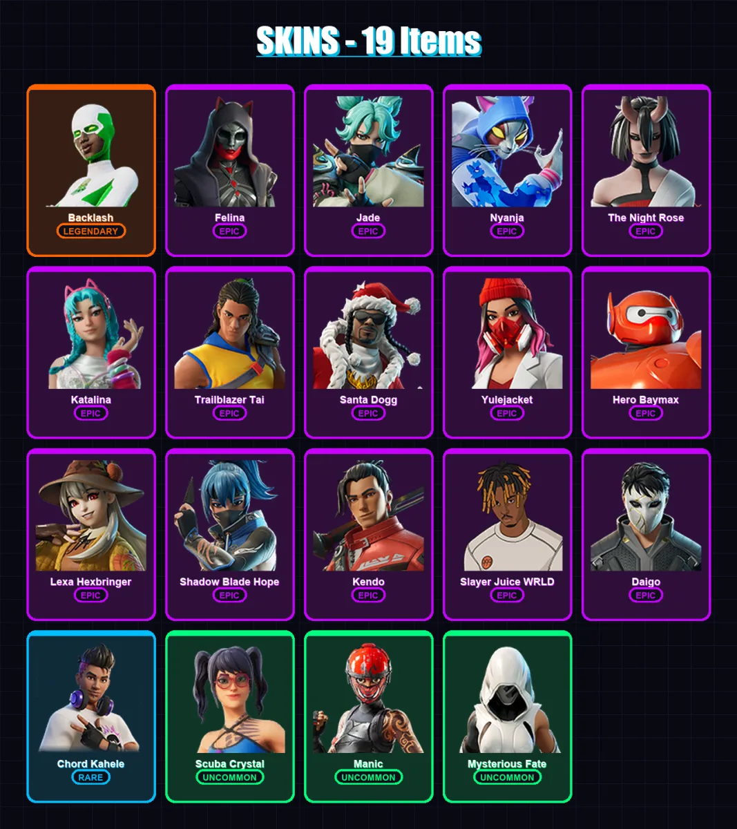 [PC/PSN] | Backlash | Felina | Jade | Nyanja | The Night Rose | 19 skin | 46 pickaxe | 27 emote | 31 glider | Lv1486