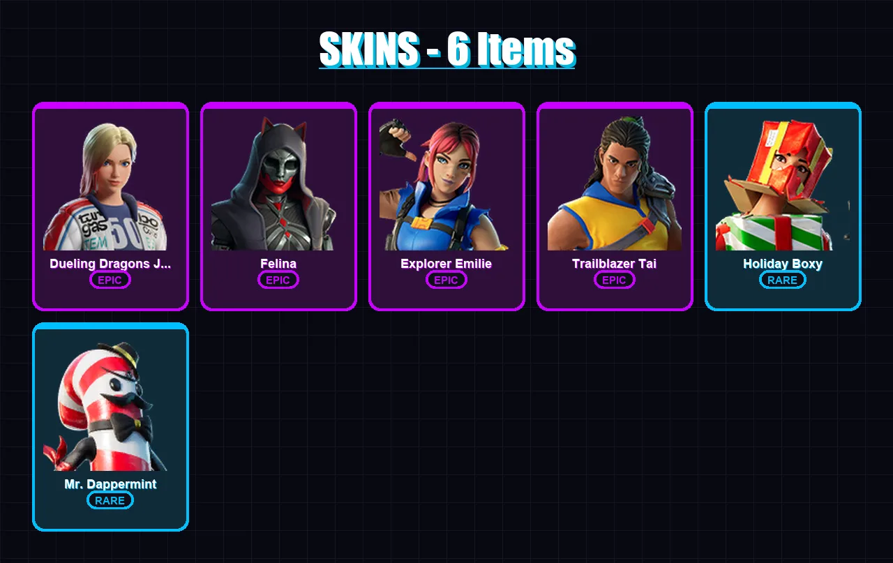 [PS4/PS5/PC] | Dueling Dragons Jackie | Felina | Explorer Emilie | Trailblazer Tai | Holiday Boxy | 6 skin | 17 pickaxe | 4 emote | 13 glider | Lv15