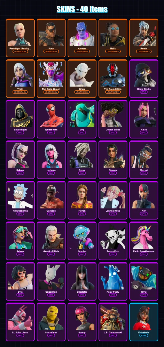 [PC/XBOX/PSN] | Paradigm (Reality-659) | Joey | Kymera | Malik | Ronin | 40 skin | 47 pickaxe | 38 emote | 47 glider | Lv741