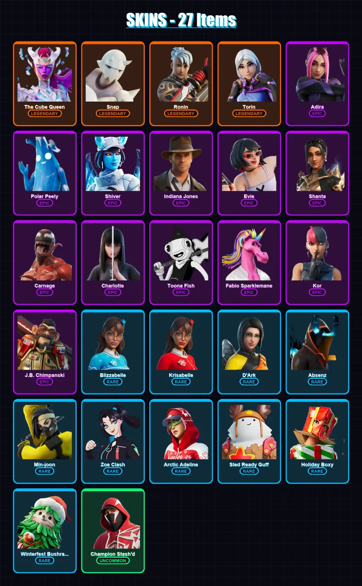[PC/XBOX/PSN] | The Cube Queen | Snap | Ronin | Torin | Adira | 27 skin | 31 pickaxe | 20 emote | 27 glider | Lv324