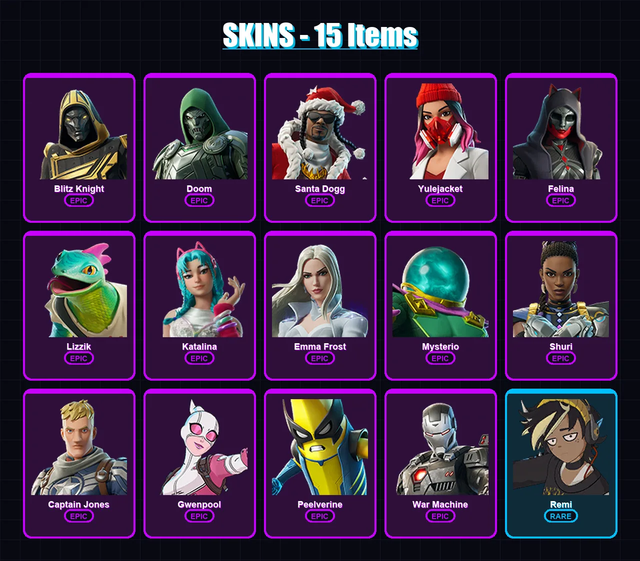 [PC/XBOX/PSN] | Blitz Knight | Doom | Santa Dogg | Yulejacket | Felina | 15 skin | 31 pickaxe | 15 emote | 20 glider | Lv212
