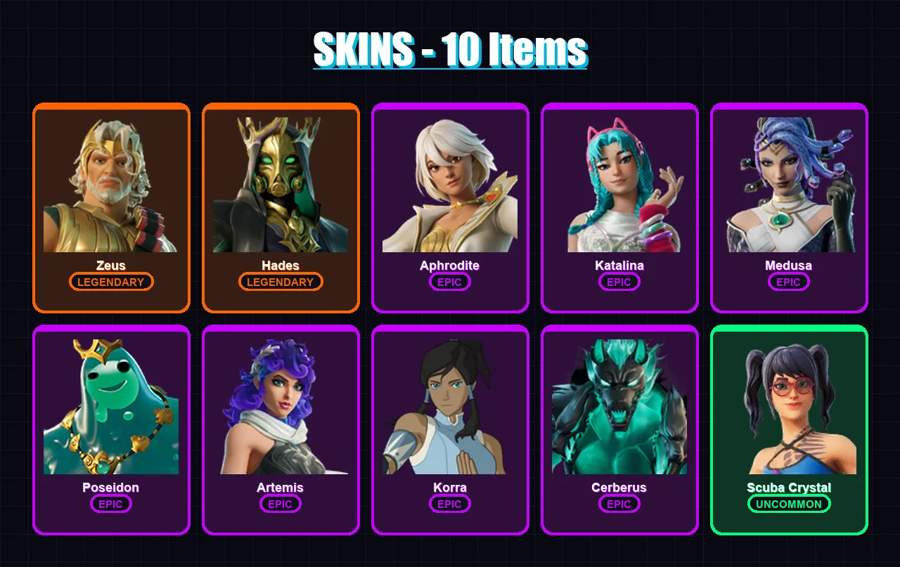 [PC/XBOX/PSN] | Zeus | Hades | Aphrodite | Katalina | Medusa | 10 skin | 37 pickaxe | 22 emote | 29 glider | Lv502