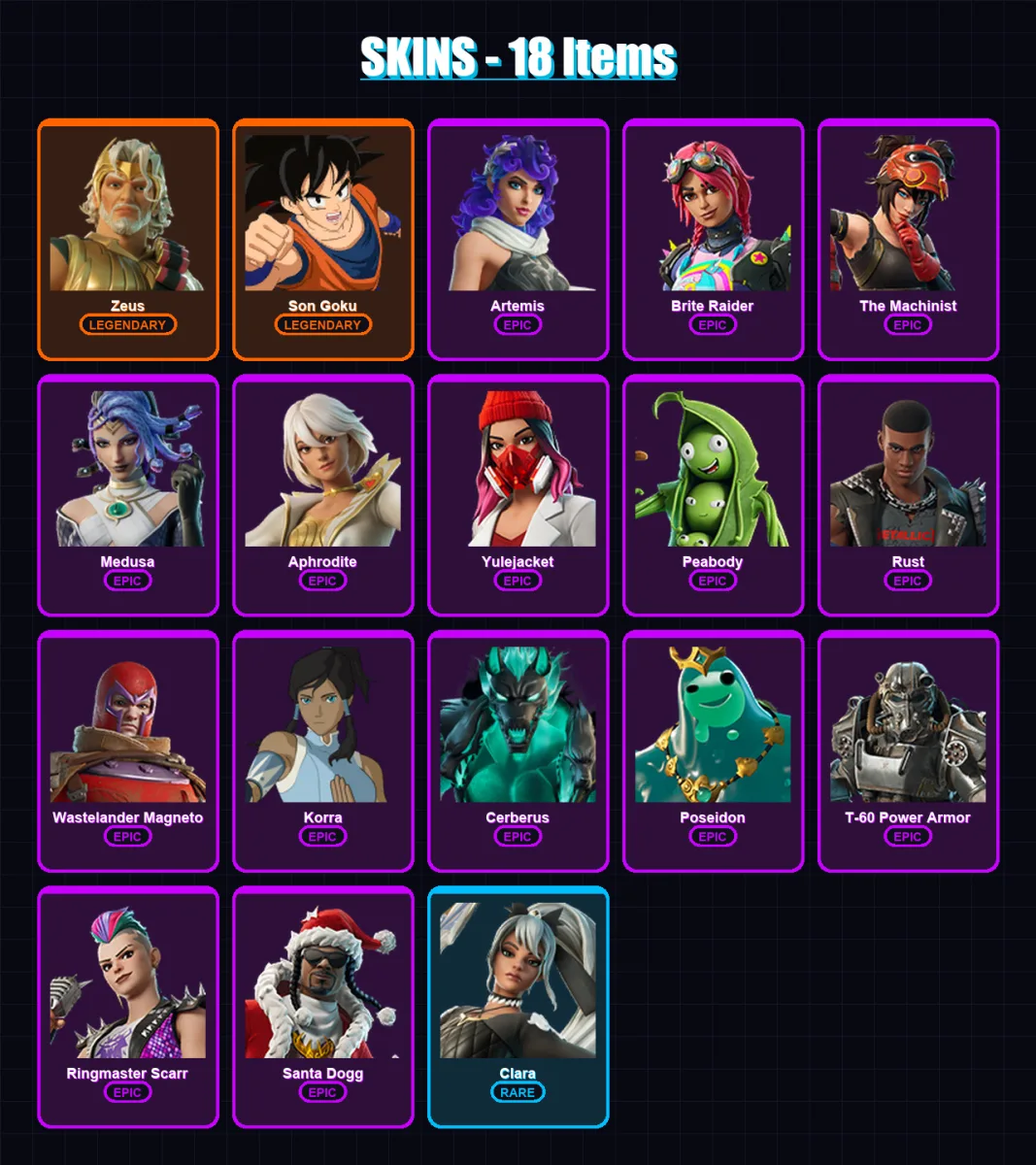 [PC/XBOX/PSN] | Zeus | Son Goku | Artemis | Brite Raider | The Machinist | 18 skin | 34 pickaxe | 24 emote | 22 glider | Lv280