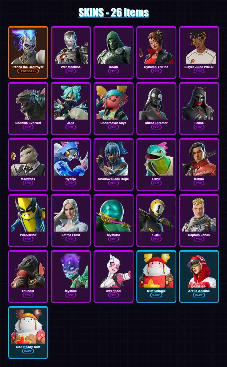 [PC/XBOX/PSN] | Renzo the Destroyer | War Machine | Doom | Dynamo TNTina | Slayer Juice WRLD | 26 skin | 50 pickaxe | 35 emote | 45 glider | Lv554