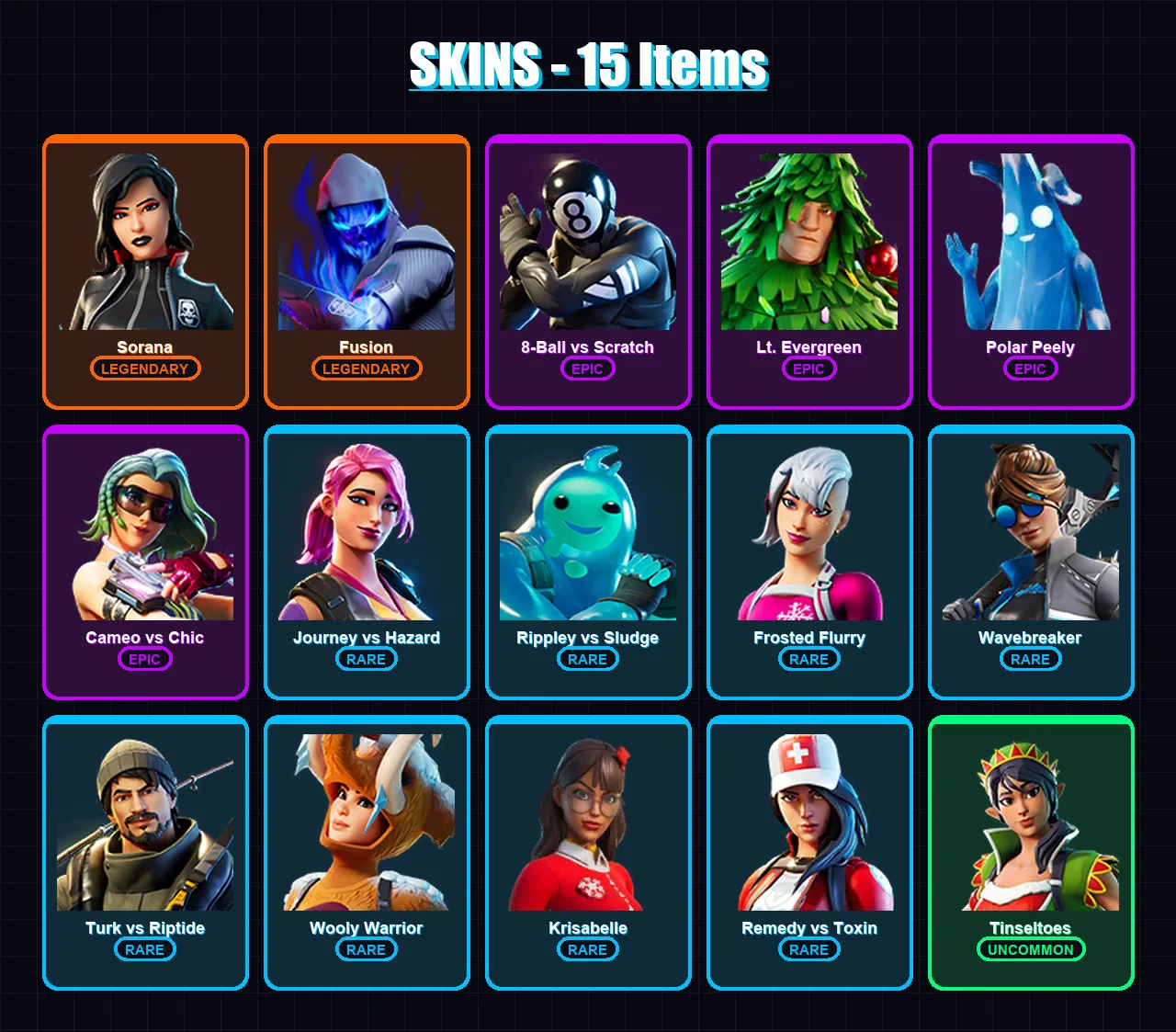[PC/XBOX] | Sorana | Fusion | 8-Ball vs Scratch | Lt. Evergreen | Polar Peely | 15 skin | 19 pickaxe | 25 emote | 17 glider | Lv415