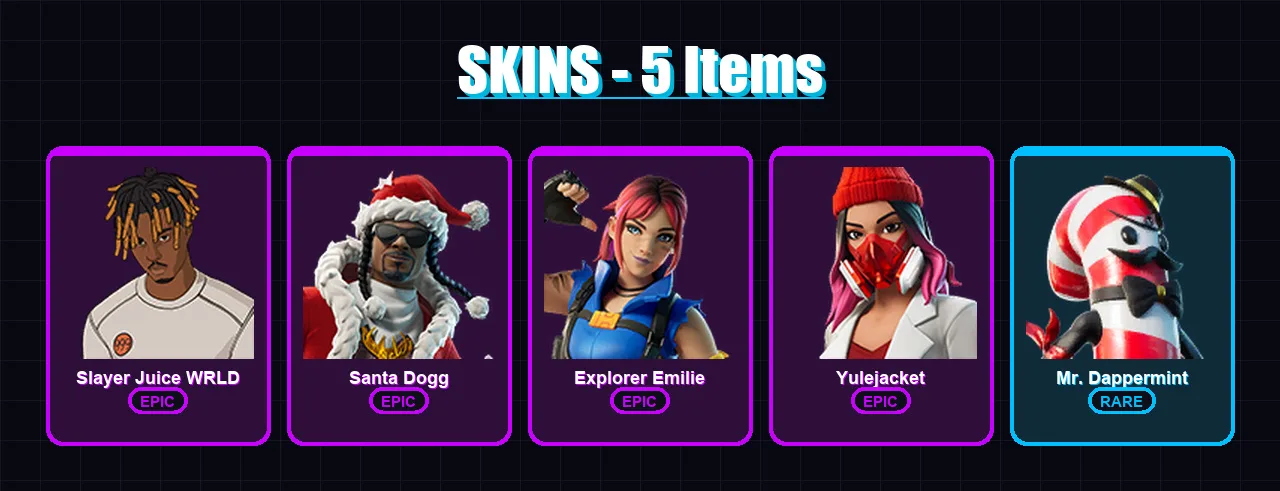 [PC/XBOX/PSN] | Slayer Juice WRLD | Santa Dogg | Explorer Emilie | Yulejacket | Mr. Dappermint | 5 skin | 9 pickaxe | 5 emote | 6 glider | Lv32