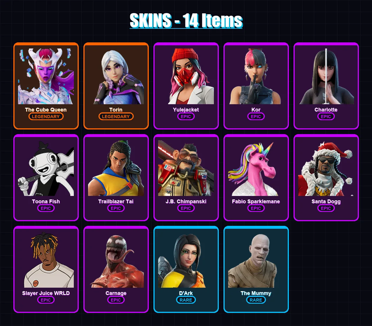 [PC/PSN] | The Cube Queen | Torin | Yulejacket | Kor | Charlotte | 14 skin | 17 pickaxe | 19 emote | 13 glider | Lv185 — Fortnite account