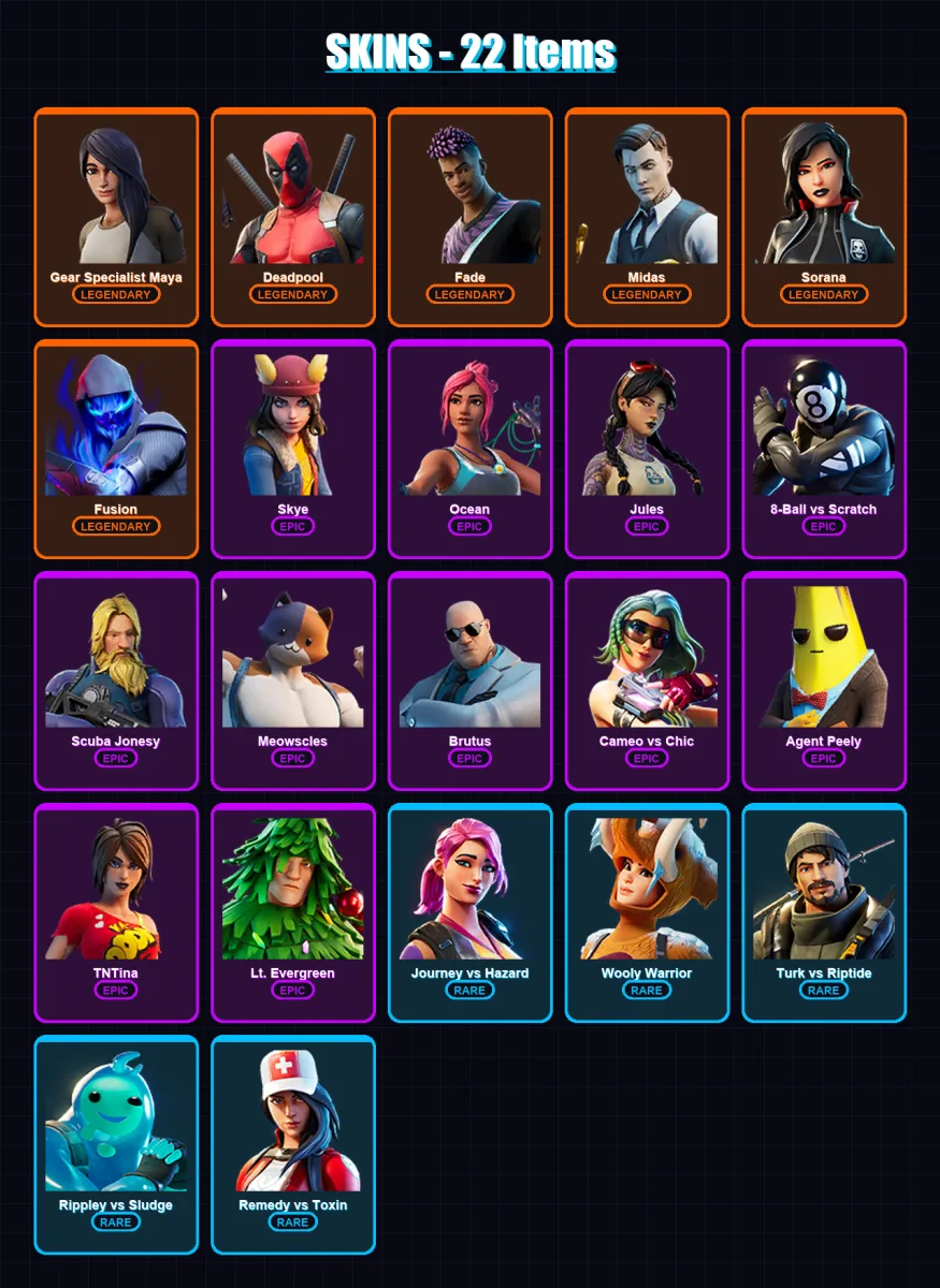 [PC/XBOX/PSN] | Gear Specialist Maya | Deadpool | Fade | Midas | Sorana | 22 skin | 29 pickaxe | 26 emote | 34 glider | Lv563