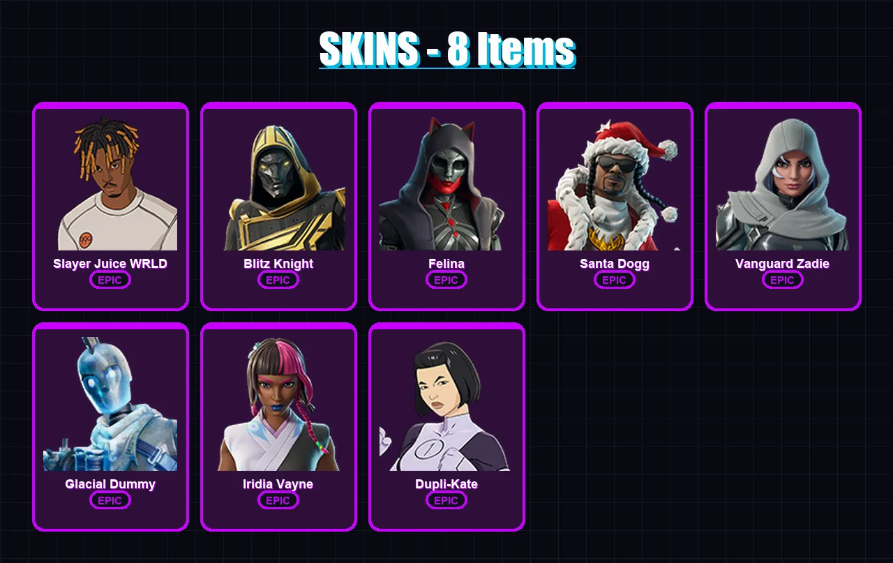 [PS4/PS5/XBOX/PC] | Slayer Juice WRLD | Blitz Knight | Felina | Santa Dogg | Vanguard Zadie | 8 skin | 57 pickaxe | 24 emote | 36 glider | Lv792