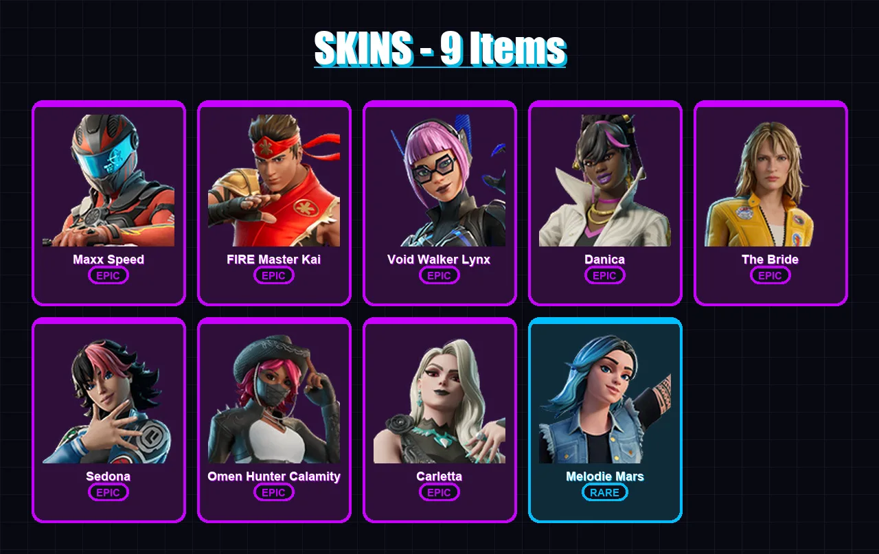 [PC/PSN] | Maxx Speed | FIRE Master Kai | Void Walker Lynx | Danica | The Bride | 9 skin | 3 pickaxe | 2 emote | 1 glider | Lv2