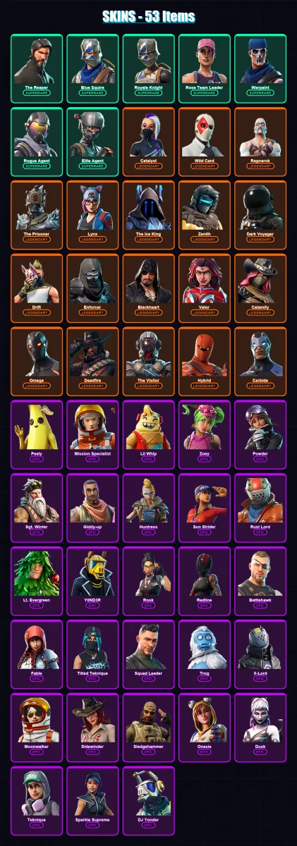 [PC/XBOX/PSN] | The Reaper | Blue Squire | Royale Knight | Rose Team Leader | Warpaint | 53 skin | 39 pickaxe | 67 emote | 47 glider | Lv679