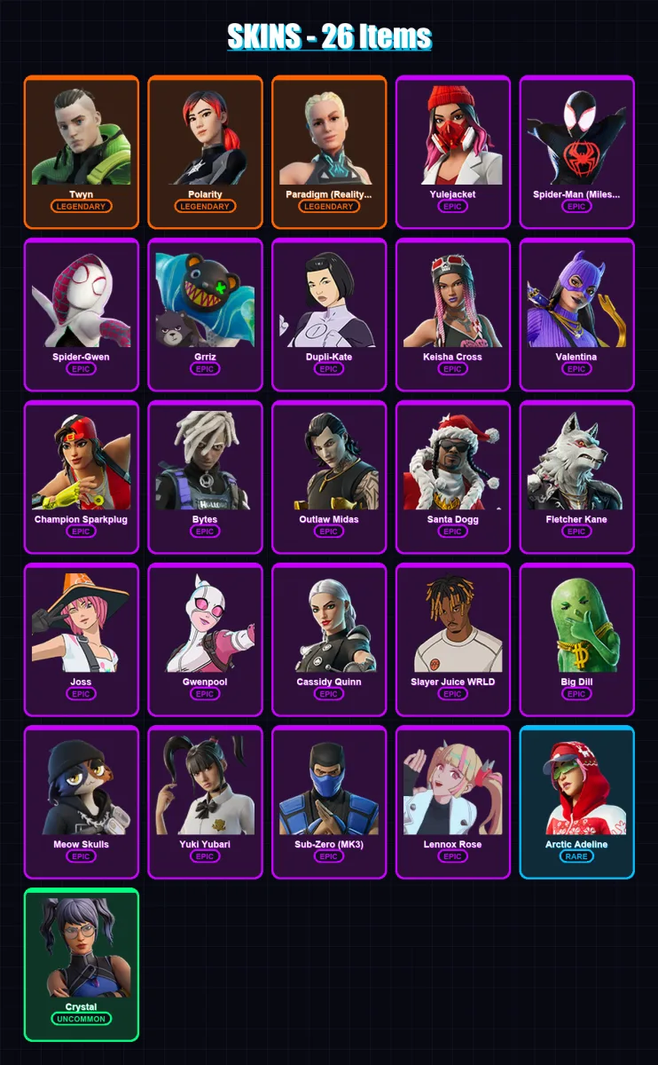 [PC/XBOX] | Twyn | Polarity | Paradigm (Reality-659) | Yulejacket | Spider-Man (Miles Morales) | 26 skin | 51 pickaxe | 32 emote | 36 glider | Lv537