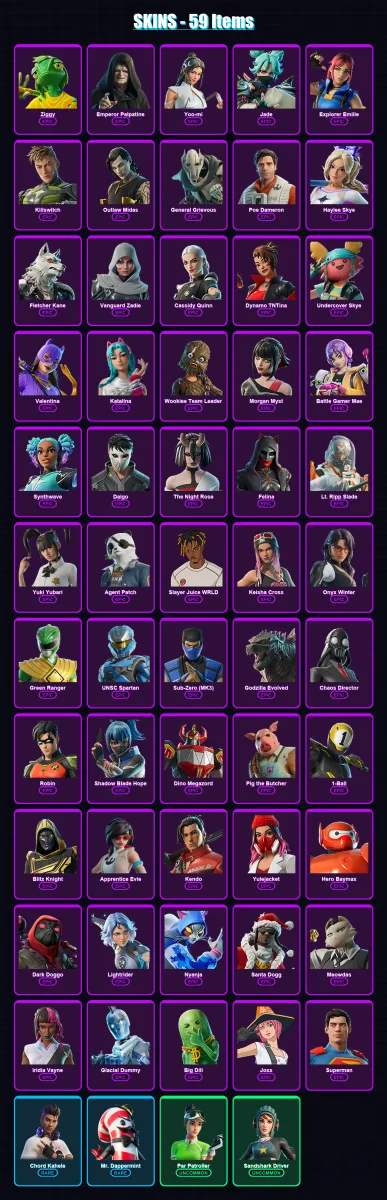 [PS4/PS5/XBOX/PC] | Ziggy | Emperor Palpatine | Yoo-mi | Jade | Explorer Emilie | 59 skin | 124 pickaxe | 76 emote | 72 glider | Lv3526