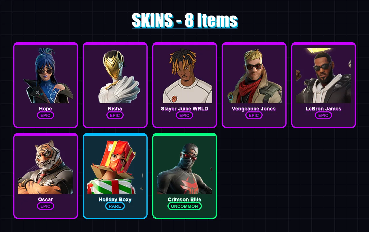 [PC/XBOX/PSN] | Hope | Nisha | Slayer Juice WRLD | Vengeance Jones | LeBron James | 8 skin | 28 pickaxe | 11 emote | 20 glider | Lv345