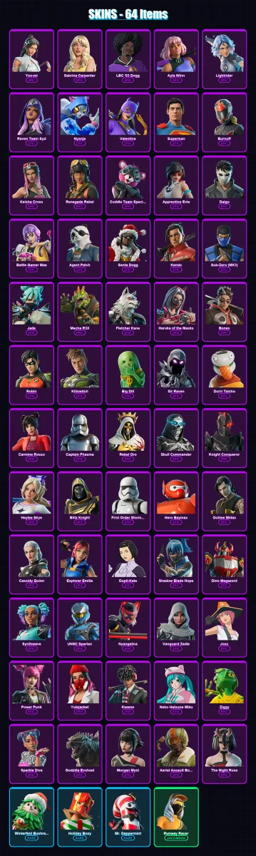 [PS4/PS5/PC] | Yoo-mi | Sabrina Carpenter | LBC '93 Dogg | Ayla Winn | Lightrider | 64 skin | 112 pickaxe | 88 emote | 75 glider | Lv1320