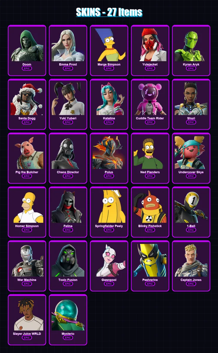 [PC/XBOX/PSN] | Doom | Emma Frost | Marge Simpson | Yulejacket | Kyran Aryk | 27 skin | 71 pickaxe | 40 emote | 37 glider | Lv577