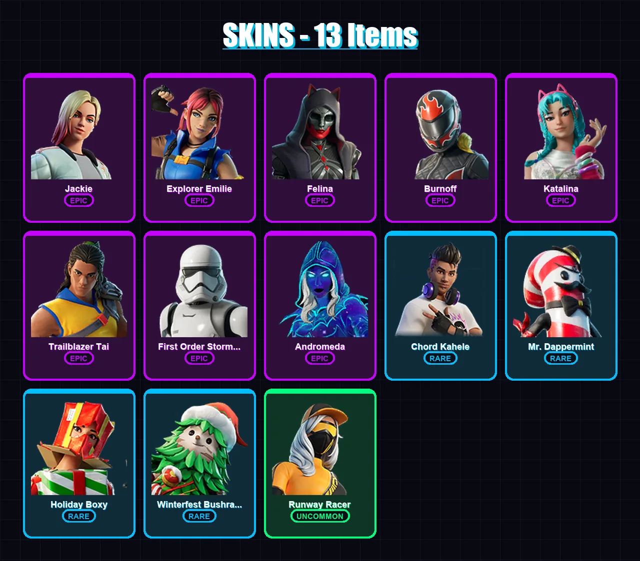 [PC] | Jackie | Explorer Emilie | Felina | Burnoff | Katalina | 13 skin | 46 pickaxe | 24 emote | 28 glider | Lv1382