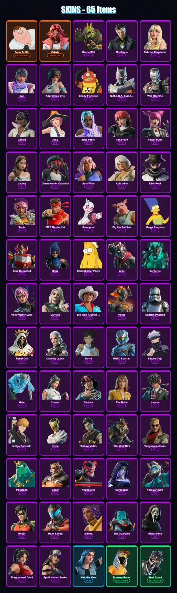 [PC/PSN] | Peter Griffin | Valeria | Mecha R3X | Montague | Sabrina Carpenter | 65 skin | 72 pickaxe | 49 emote | 32 glider | Lv430