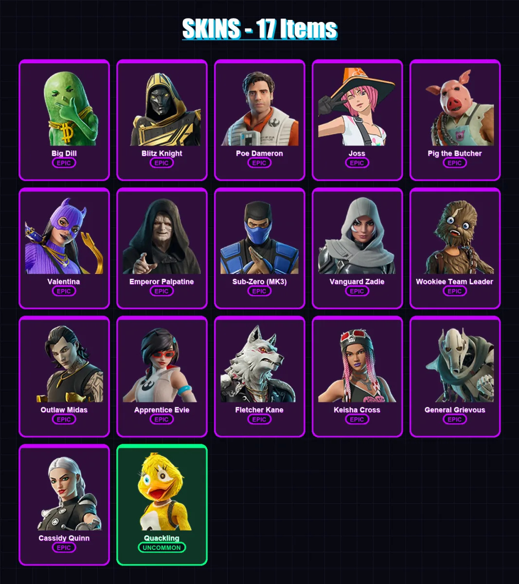 [PC/XBOX/PSN] | Big Dill | Blitz Knight | Poe Dameron | Joss | Pig the Butcher | 17 skin | 56 pickaxe | 35 emote | 44 glider | Lv575