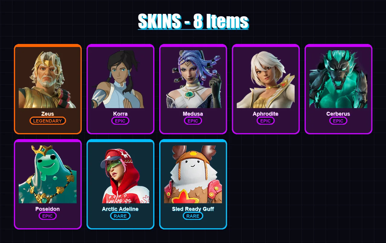 [PC/XBOX/PSN] | Zeus | Korra | Medusa | Aphrodite | Cerberus | 8 skin | 29 pickaxe | 21 emote | 29 glider | Lv369