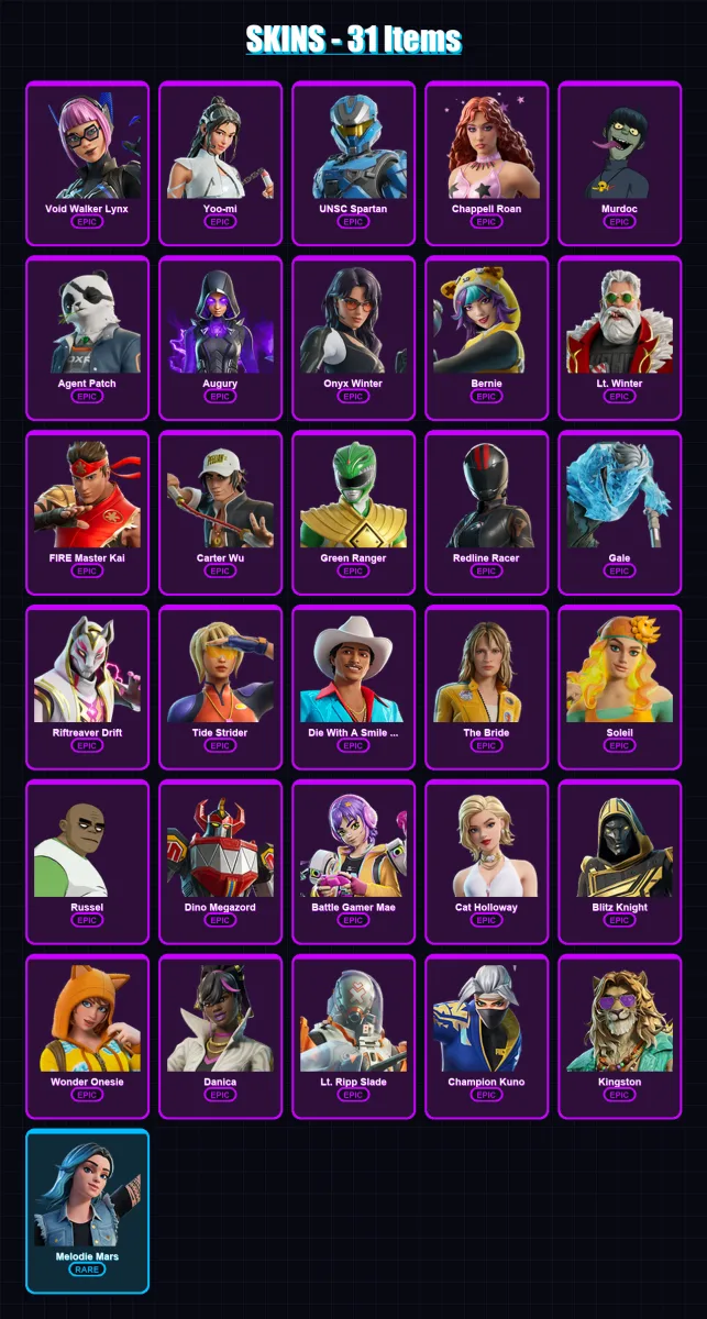 [PC/XBOX/PSN] | Void Walker Lynx | Yoo-mi | UNSC Spartan | Chappell Roan | Murdoc | 31 skin | 60 pickaxe | 35 emote | 30 glider | Lv589