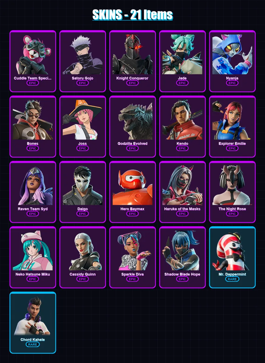 [PS4/PS5/XBOX/PC] | Cuddle Team Specialist | Satoru Gojo | Knight Conqueror | Jade | Nyanja | 21 skin | 28 pickaxe | 22 emote | 26 glider | Lv202