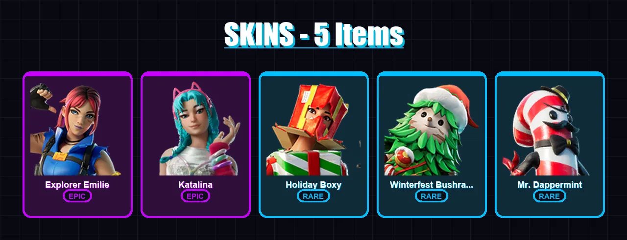 [PC/XBOX/PSN] | Explorer Emilie | Katalina | Holiday Boxy | Winterfest Bushranger | Mr. Dappermint | 5 skin | 14 pickaxe | 5 emote | 7 glider | Lv13