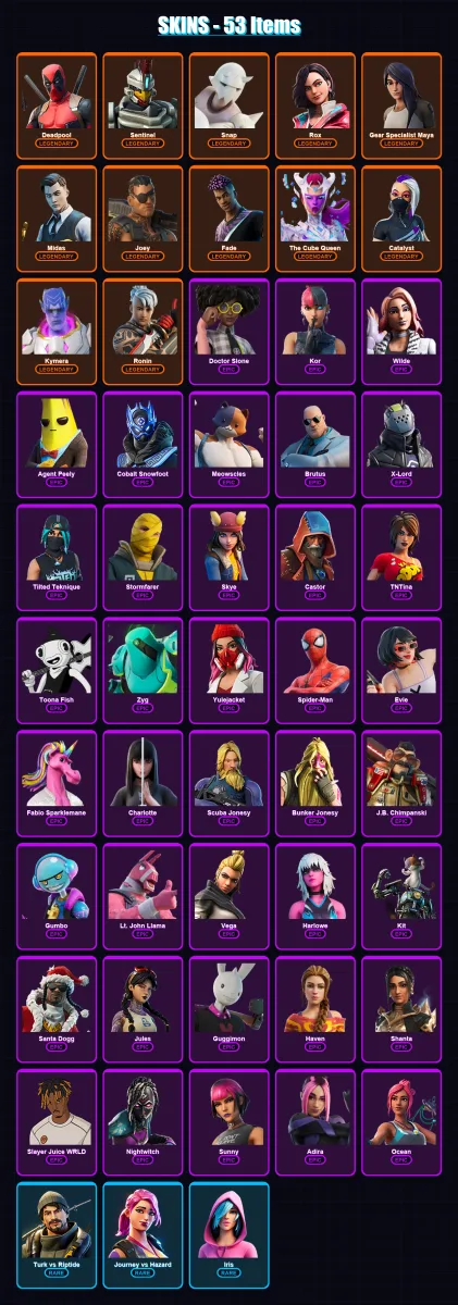 [PS4/PS5/XBOX/PC] | Deadpool | Sentinel | Snap | Rox | Gear Specialist Maya | 53 skin | 88 pickaxe | 60 emote | 79 glider | Lv1025