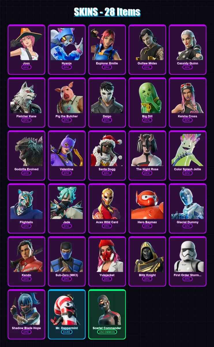 [PC/XBOX/PSN] | Joss | Nyanja | Explorer Emilie | Outlaw Midas | Cassidy Quinn | 28 skin | 81 pickaxe | 43 emote | 50 glider | Lv704