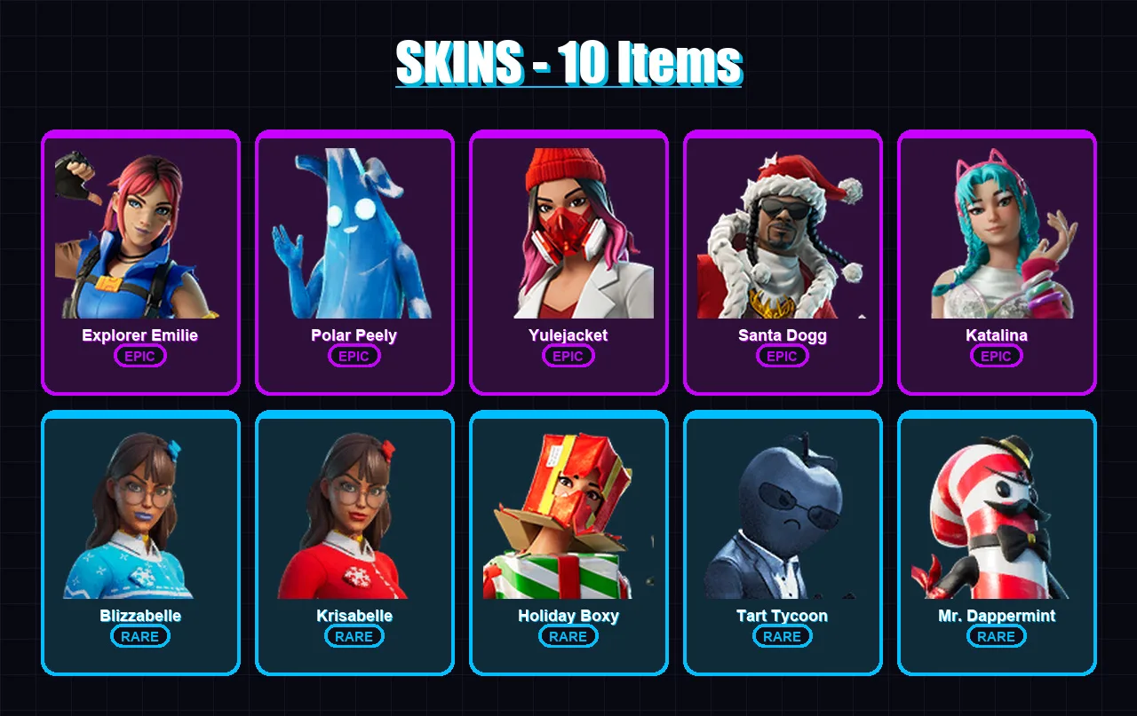[PC/XBOX/PSN] | Explorer Emilie | Polar Peely | Yulejacket | Santa Dogg | Katalina | 10 skin | 22 pickaxe | 9 emote | 12 glider | Lv158