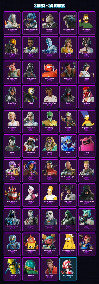 [PC/PSN] | Lt. Ripp Slade | Shadow Blade Hope | Meowdas | Godzilla Evolved | Ned Flanders | 54 skin | 100 pickaxe | 60 emote | 68 glider | Lv914