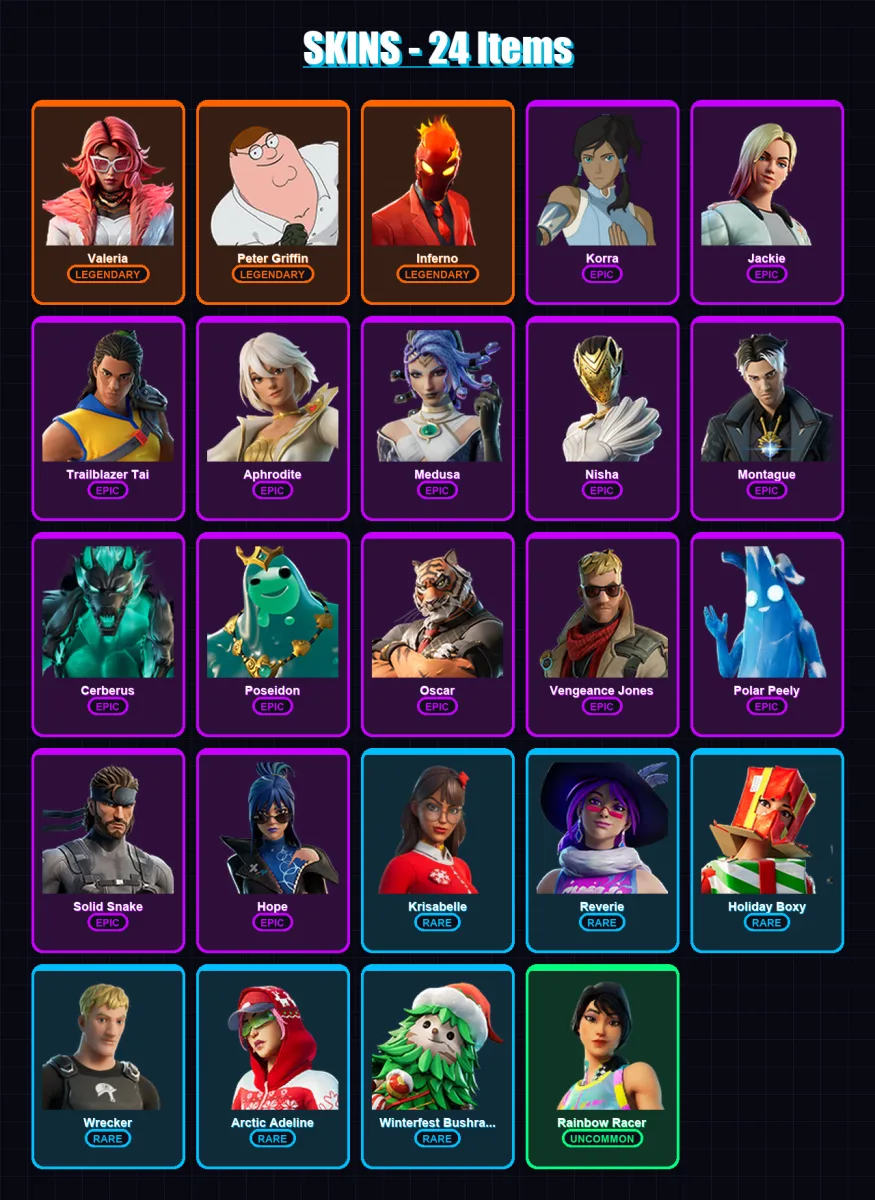 [PC/XBOX] | Valeria | Peter Griffin | Inferno | Korra | Jackie | 24 skin | 38 pickaxe | 39 emote | 38 glider | Lv666 — Fortnite account