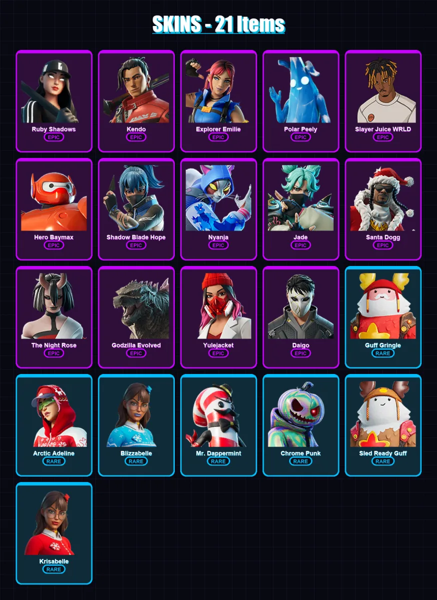 [PC/XBOX/PSN] | Ruby Shadows | Kendo | Explorer Emilie | Polar Peely | Slayer Juice WRLD | 21 skin | 45 pickaxe | 27 emote | 39 glider | Lv530 — Fortnite account