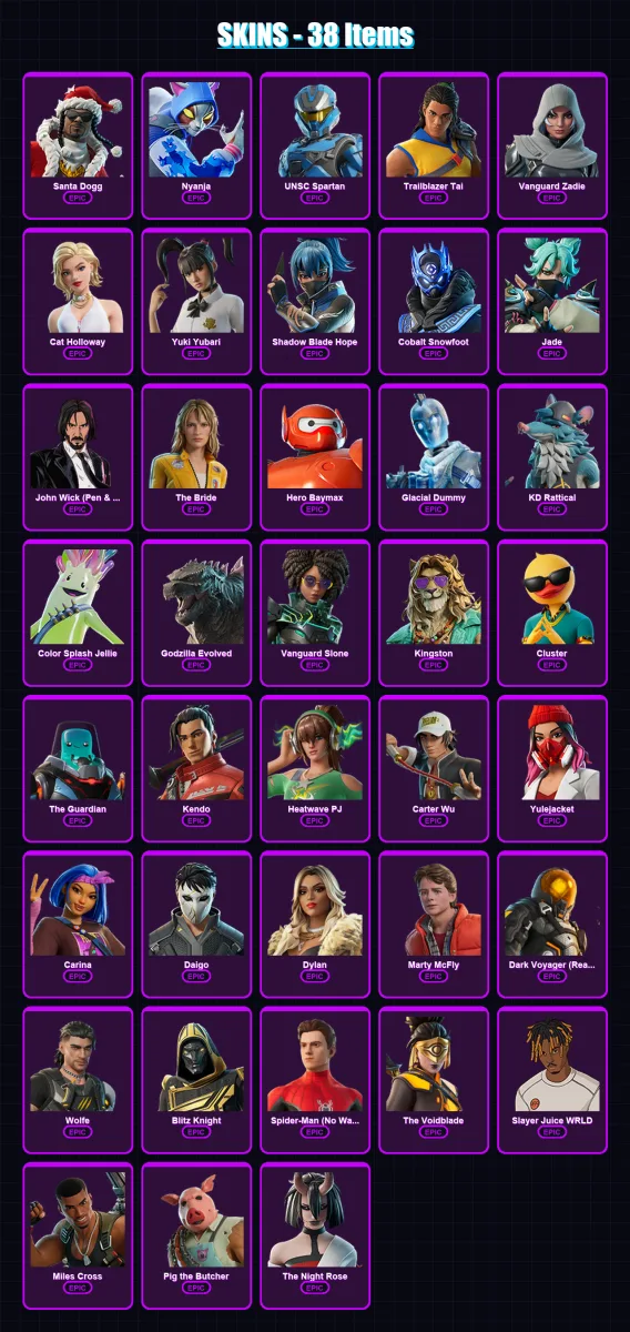 [PS4/PS5/XBOX/PC] | Santa Dogg | Nyanja | UNSC Spartan | Trailblazer Tai | Vanguard Zadie | 38 skin | 109 pickaxe | 57 emote | 70 glider | Lv1093