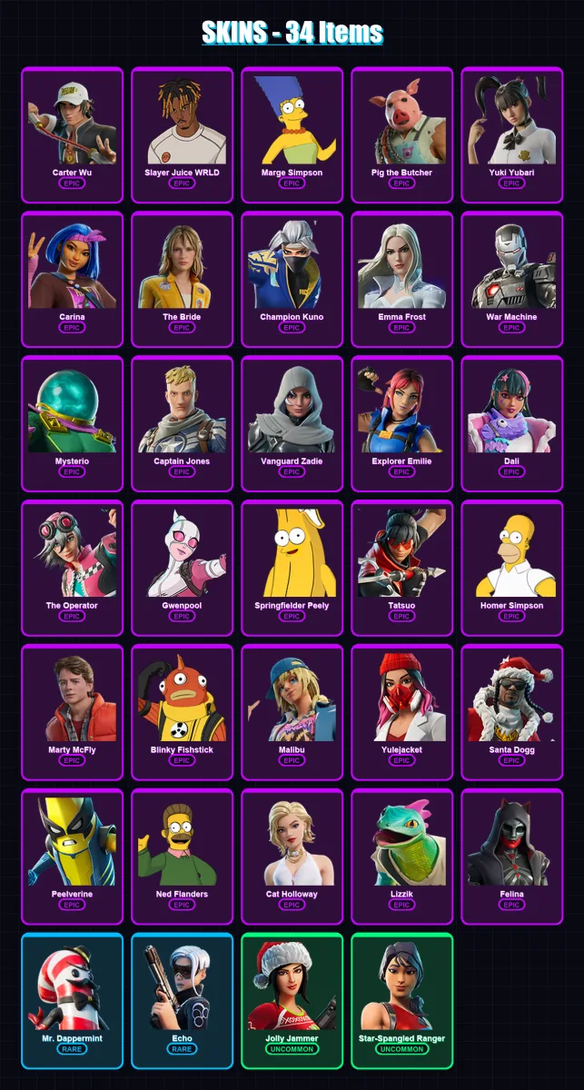 [PC] | Carter Wu | Slayer Juice WRLD | Marge Simpson | Pig the Butcher | Yuki Yubari | 34 skin | 82 pickaxe | 37 emote | 53 glider | Lv669