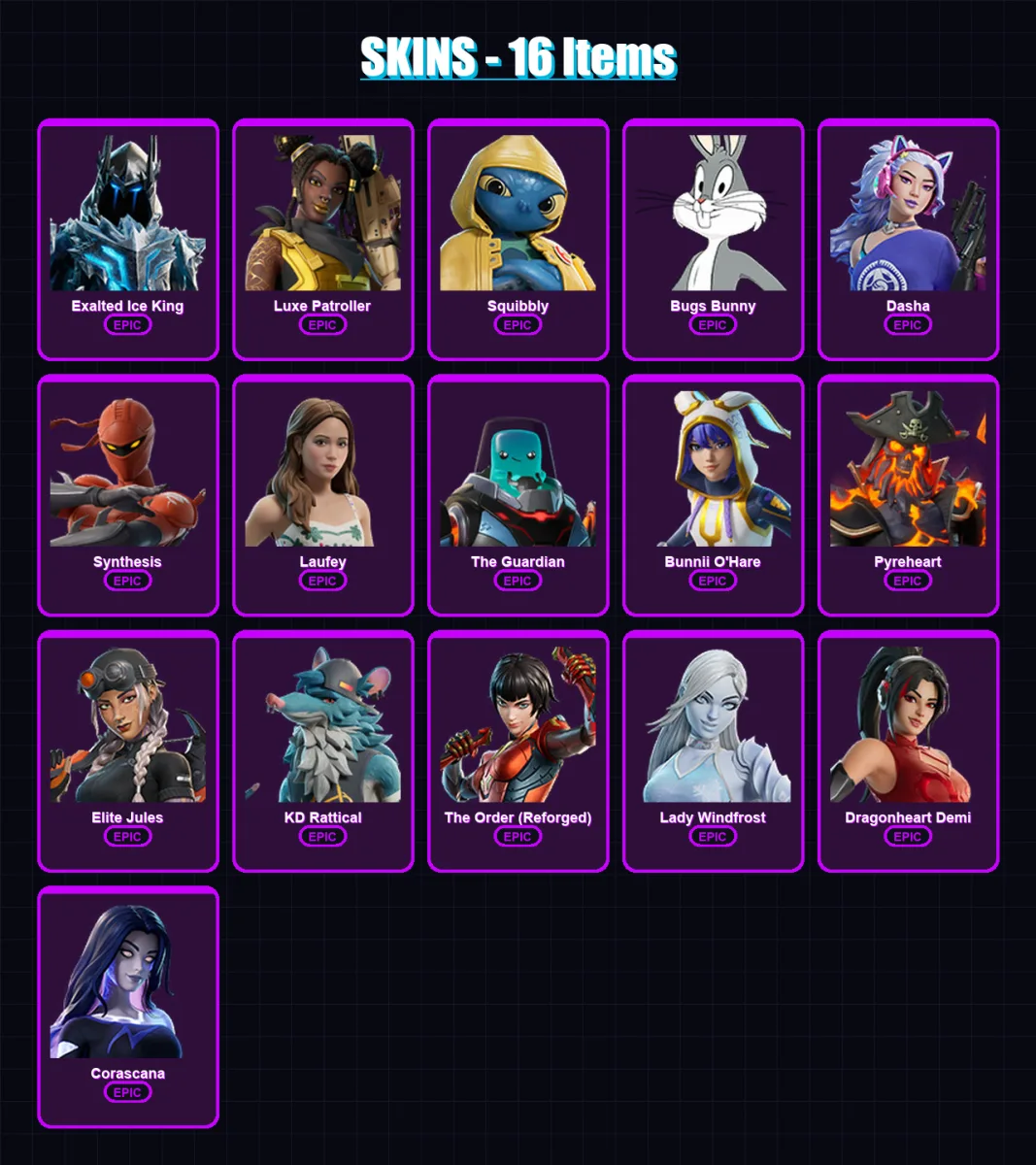 [PC/XBOX/PSN] | Exalted Ice King | Luxe Patroller | Squibbly | Bugs Bunny | Dasha | 16 skin | 25 pickaxe | 17 emote | 16 glider | Lv283
