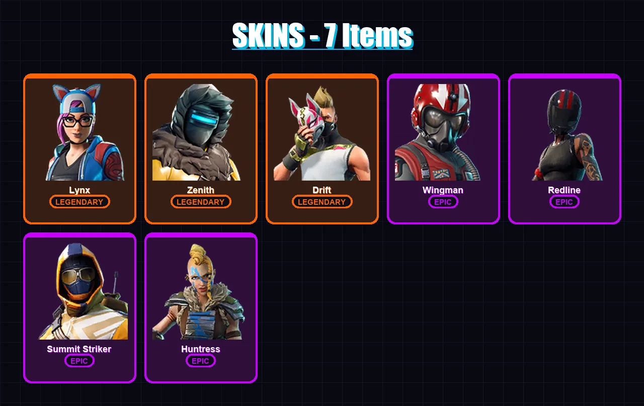 [PS4/PS5/XBOX/PC] | Lynx | Zenith | Drift | Wingman | Redline | 7 skin | 6 pickaxe | 12 emote | 10 glider | Lv180