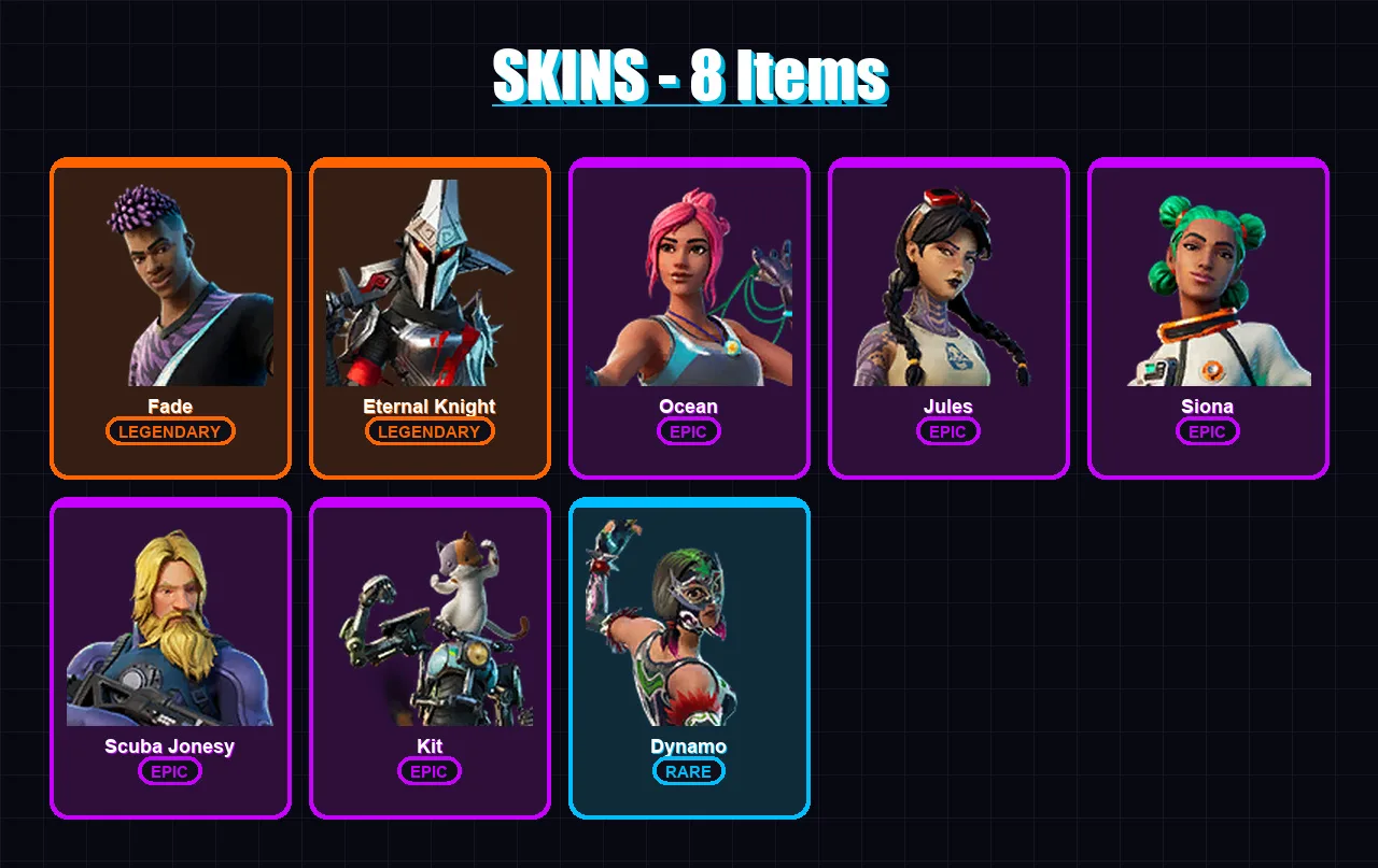 [PC/XBOX/PSN] | Fade | Eternal Knight | Ocean | Jules | Siona | 8 skin | 9 pickaxe | 11 emote | 14 glider | Lv165
